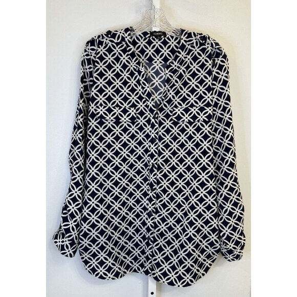 Elementz Women’s Blouse XL Navy White Geometric Print Long Sleeve Button Pockets - Picture 1 of 10